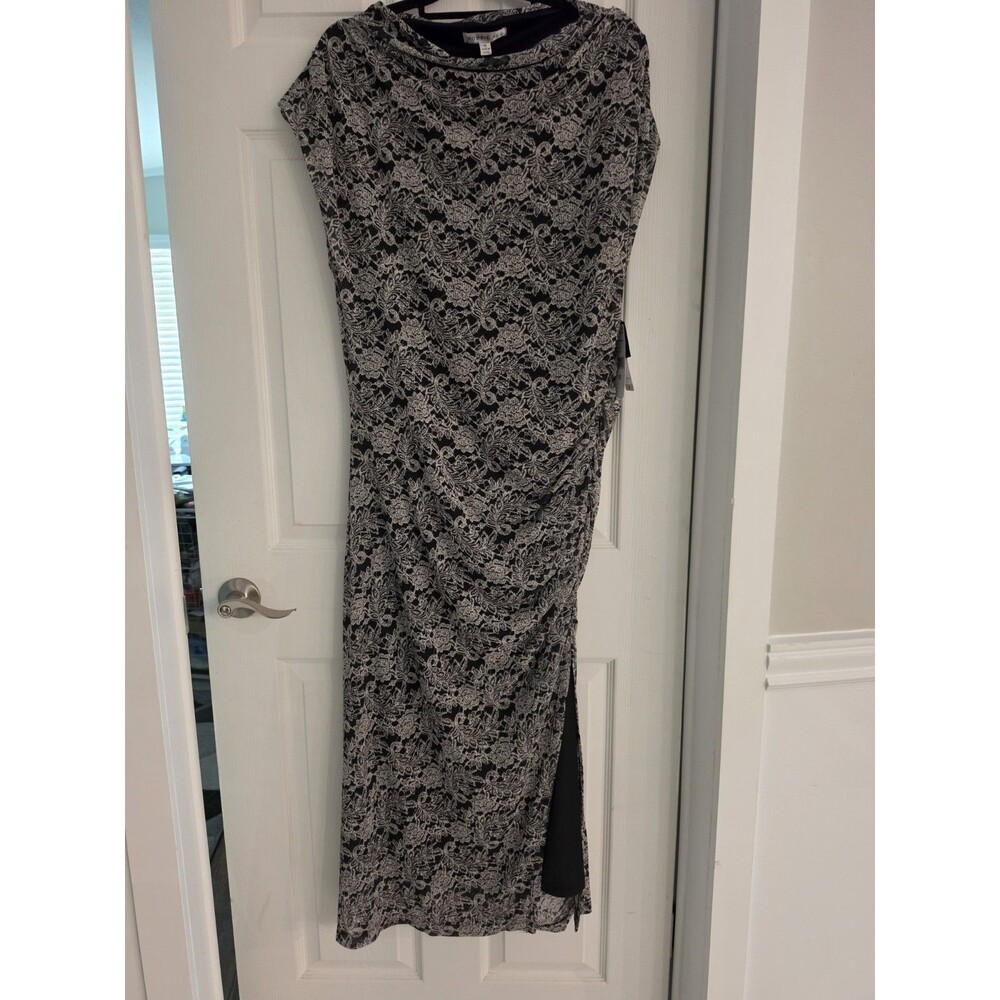 NWT Robbie Bee Plus Size 1X Black Ivory Lace Ruched Cowl Neck Maxi Dress Gown